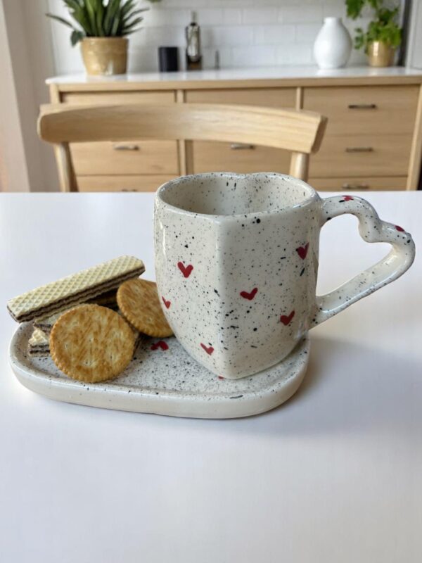 Taza de Cerámica con Forma de Corazón y Plato – Disponible en 3 Diseños:  Negro Salpicado – Decorada con Corazones Rojos – 12 oz - Imagen 2