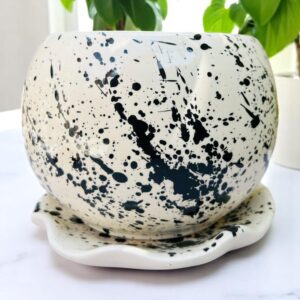 Maceta Decorativa de Cerámica con Plato Incluido – Diseño Moderno y Elegante – Ideal para Plantas, Suculentas o Decoración (Negro, Mediano)