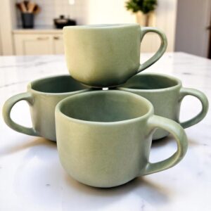 Set de 4 Tazas de Gres de Alta Resistencia – 16 oz – Verde Oliva  – Tazas Elegantes para Té o Chocolate Caliente –